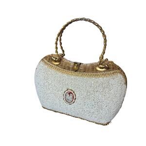 Vintage beaded, wicker box purse, handbag mid century